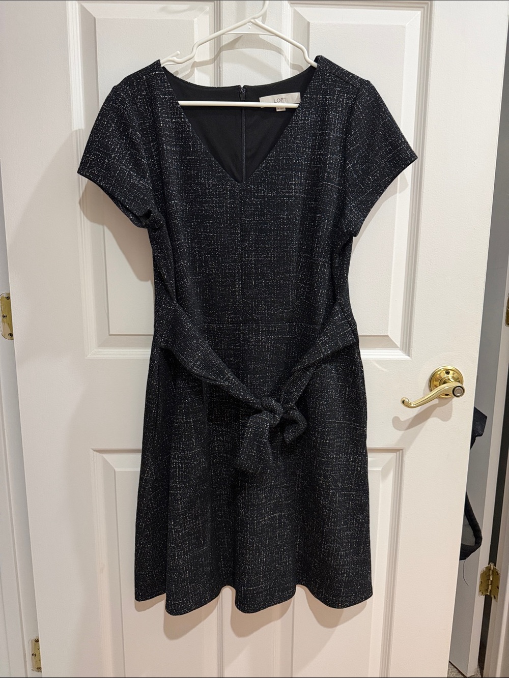 LOFT Black Tweed Tie-Waist V-Neck Midi Dress